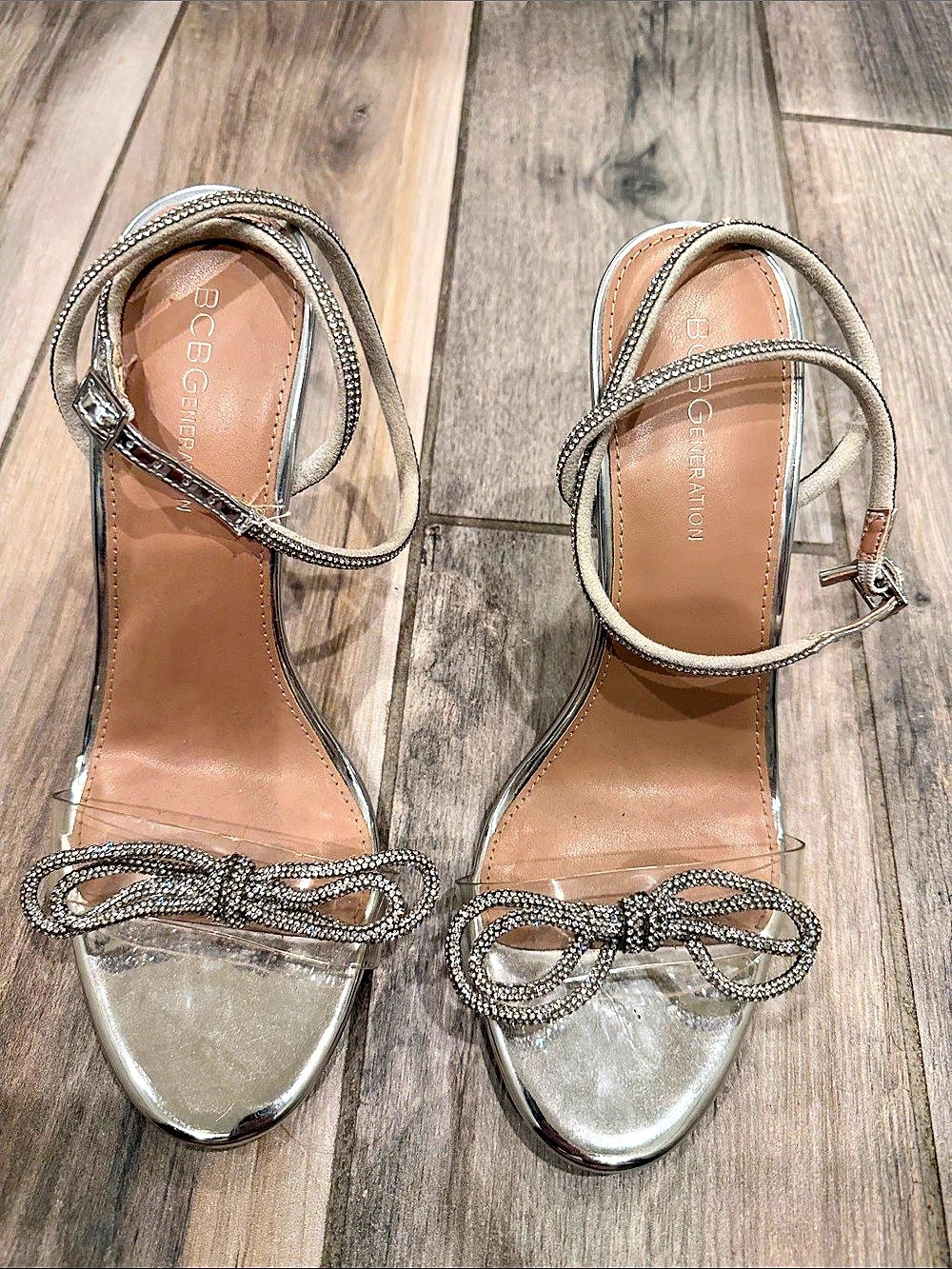 BCBGeneration Illara Rhinestone Bow Ankle-Strap Heels Rhinestone Heels in Silver